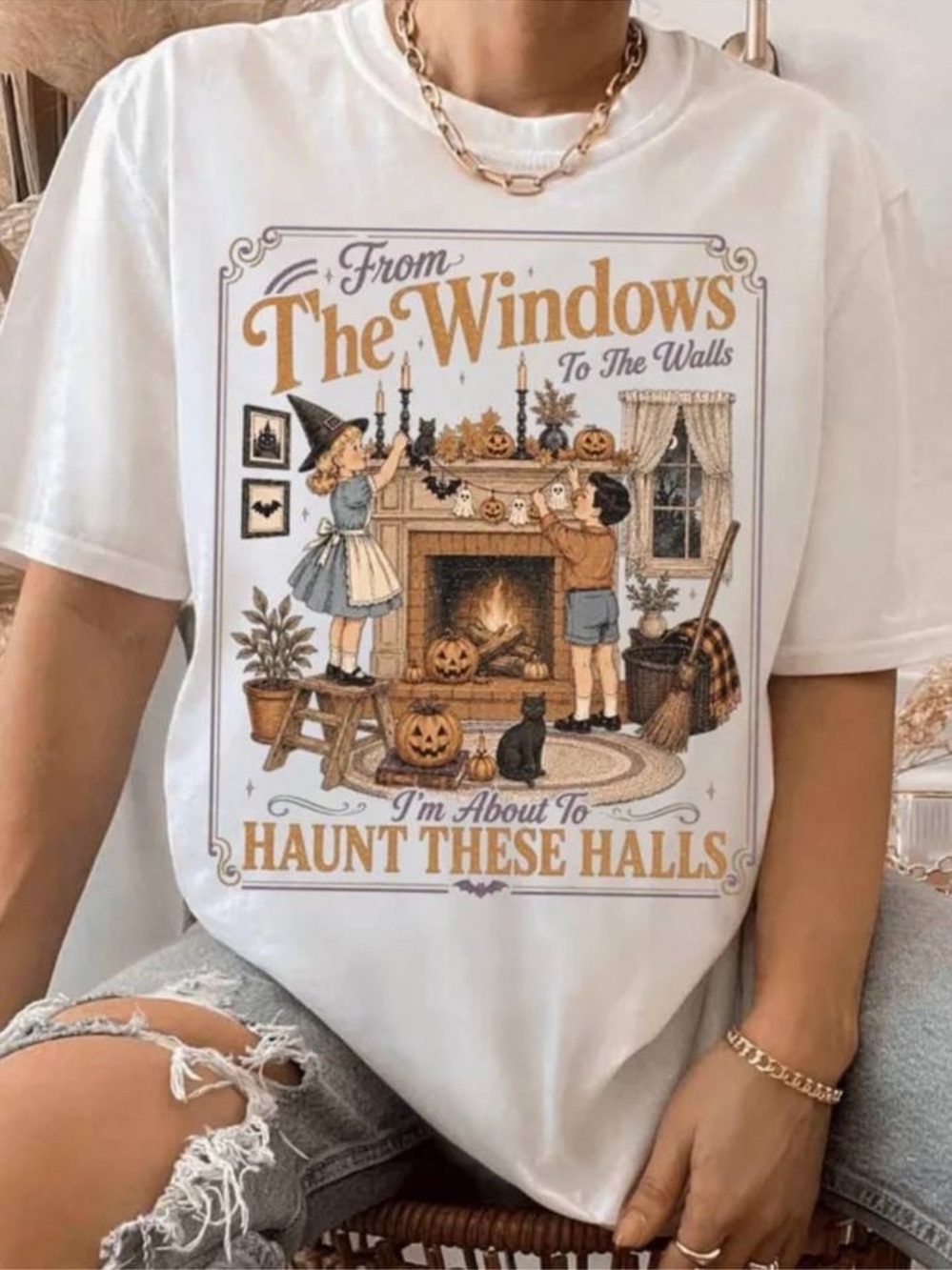 Women's White Short Sleeve Halloween Graphic Tee - 'Haunt These Halls'